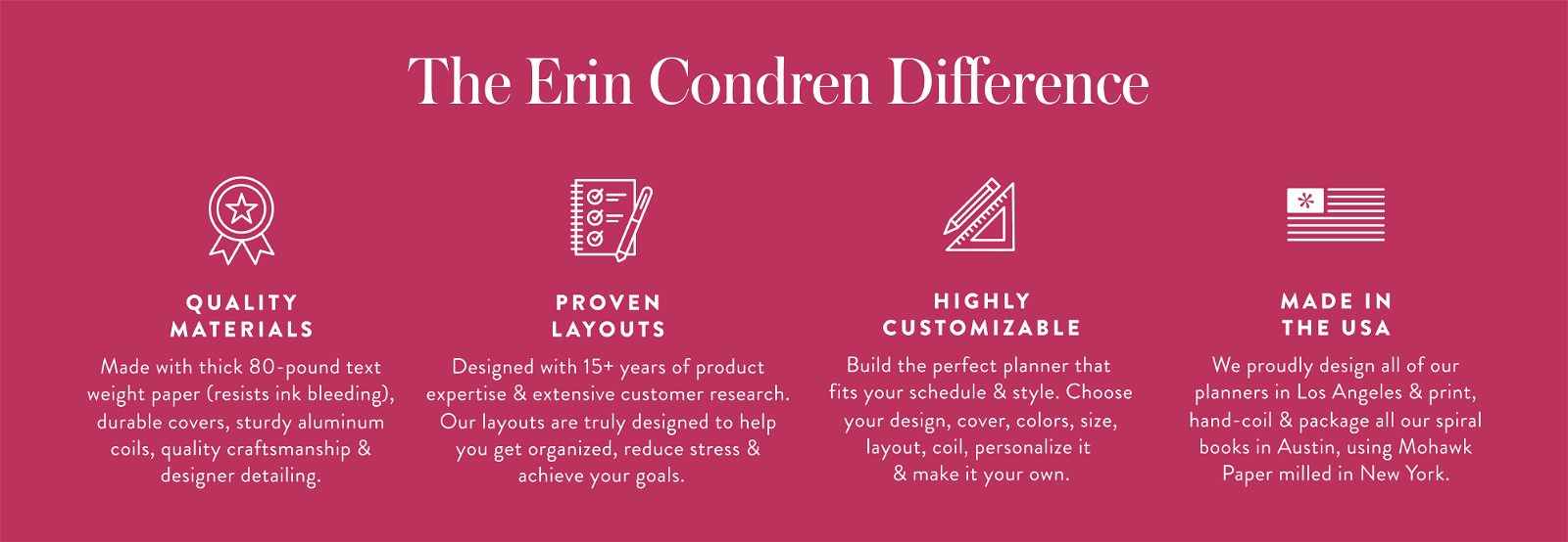 The Erin Condren Difference Infographic magenta horizontal icons and text